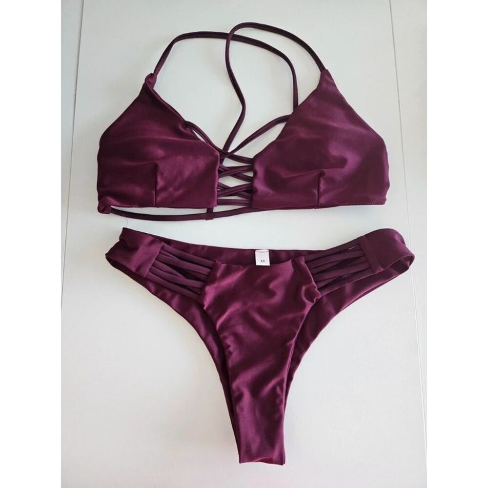 Burgundy Swimwear Bikini Top and Bottom Set Size Medium